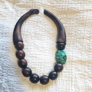 Wood Authentic Necklace with Large Turquoise Stone